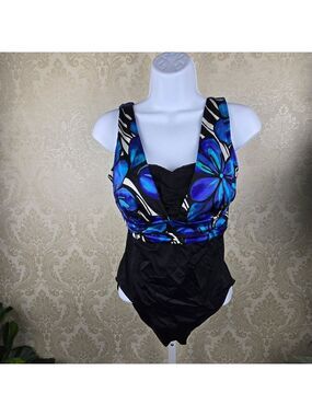 Inches Away Size 8 One Piece Swimsuit Black Purple Blue White Floral Print